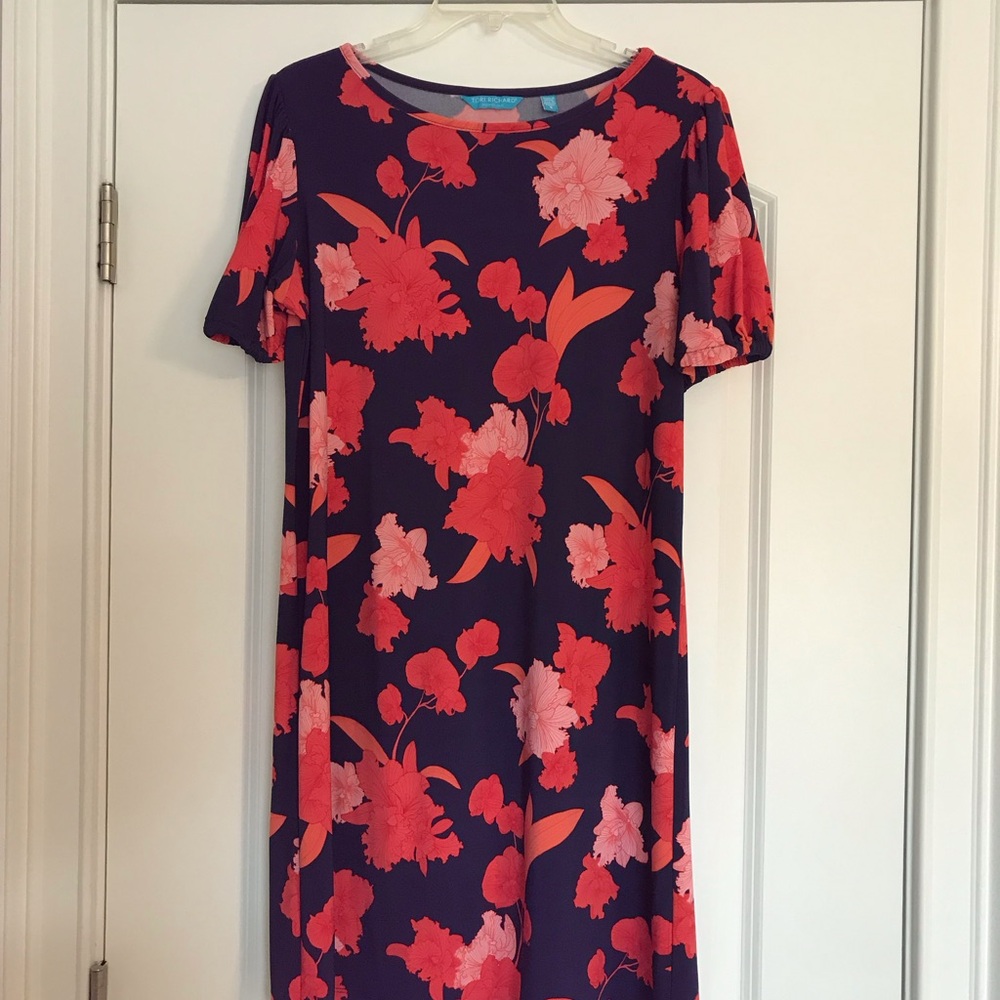 Tori Richard, Floral Print Dress in Navy and Orange